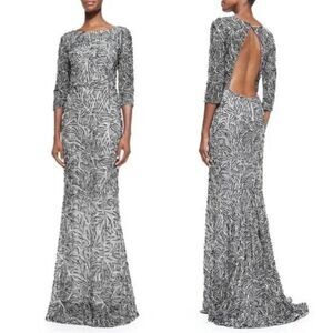 Alice + Olivia Jae Silver and Black Beaded Back Cut Out Maxi Dress Gown